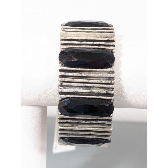 Attitudes Black Glass Bracelet Industrial Modernist Silver Tone Stretch 6.5" - Picture 1 of 9